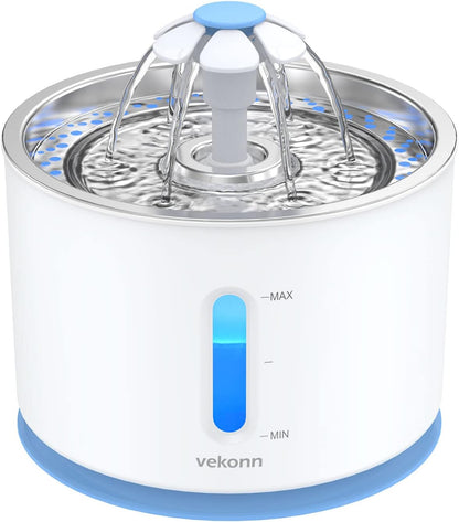 Stainless Steel Cat Water Fountain with LED Light and Water Level Indicator for Small Dogs and Cats (Blue)