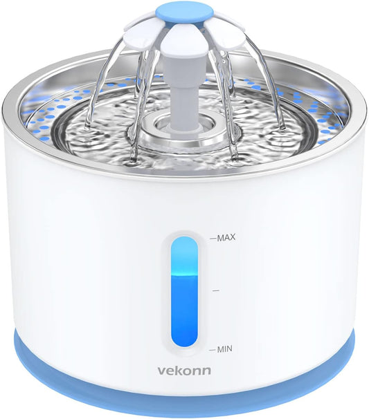 Stainless Steel Cat Water Fountain with LED Light and Water Level Indicator for Small Dogs and Cats (Blue)