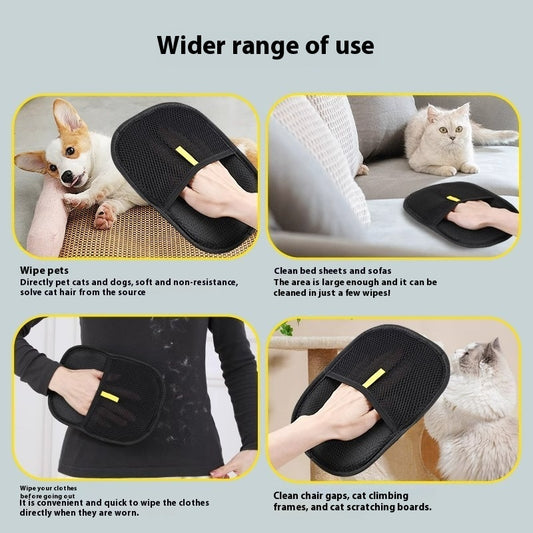 Black pet grooming tool with various uses including cleaning pets, bed sheets, and furniture.