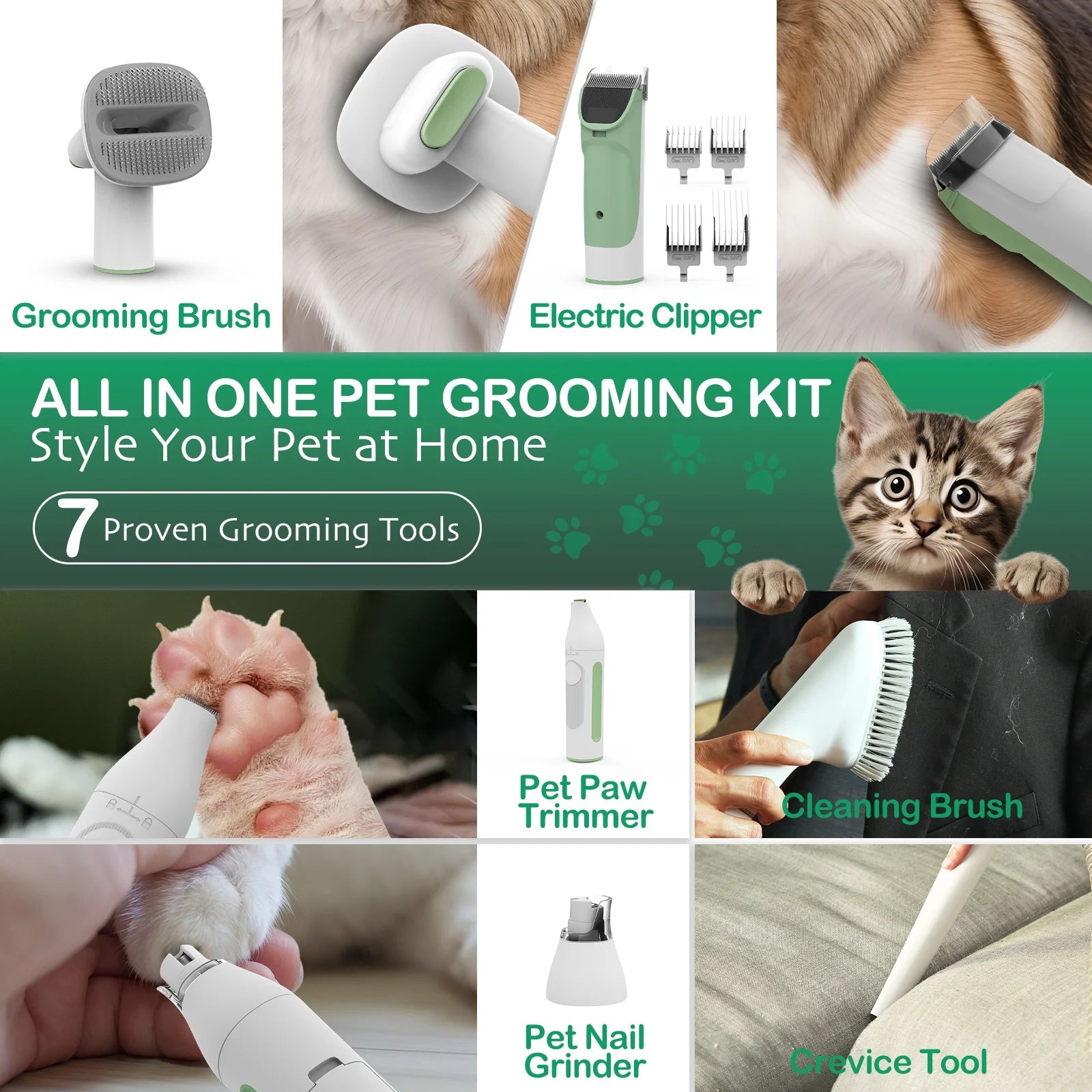 Dog Grooming Kit, 7 Grooming Tools, Pet Grooming Vacuum, Dog Clippers Kit, Low Noise, PG50 PLUS