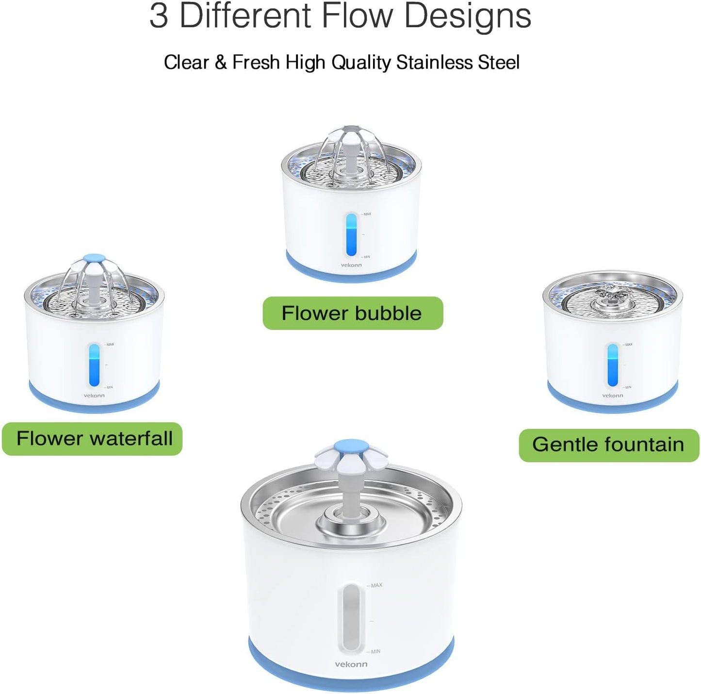 Stainless Steel Cat Water Fountain with LED Light and Water Level Indicator for Small Dogs and Cats (Blue)