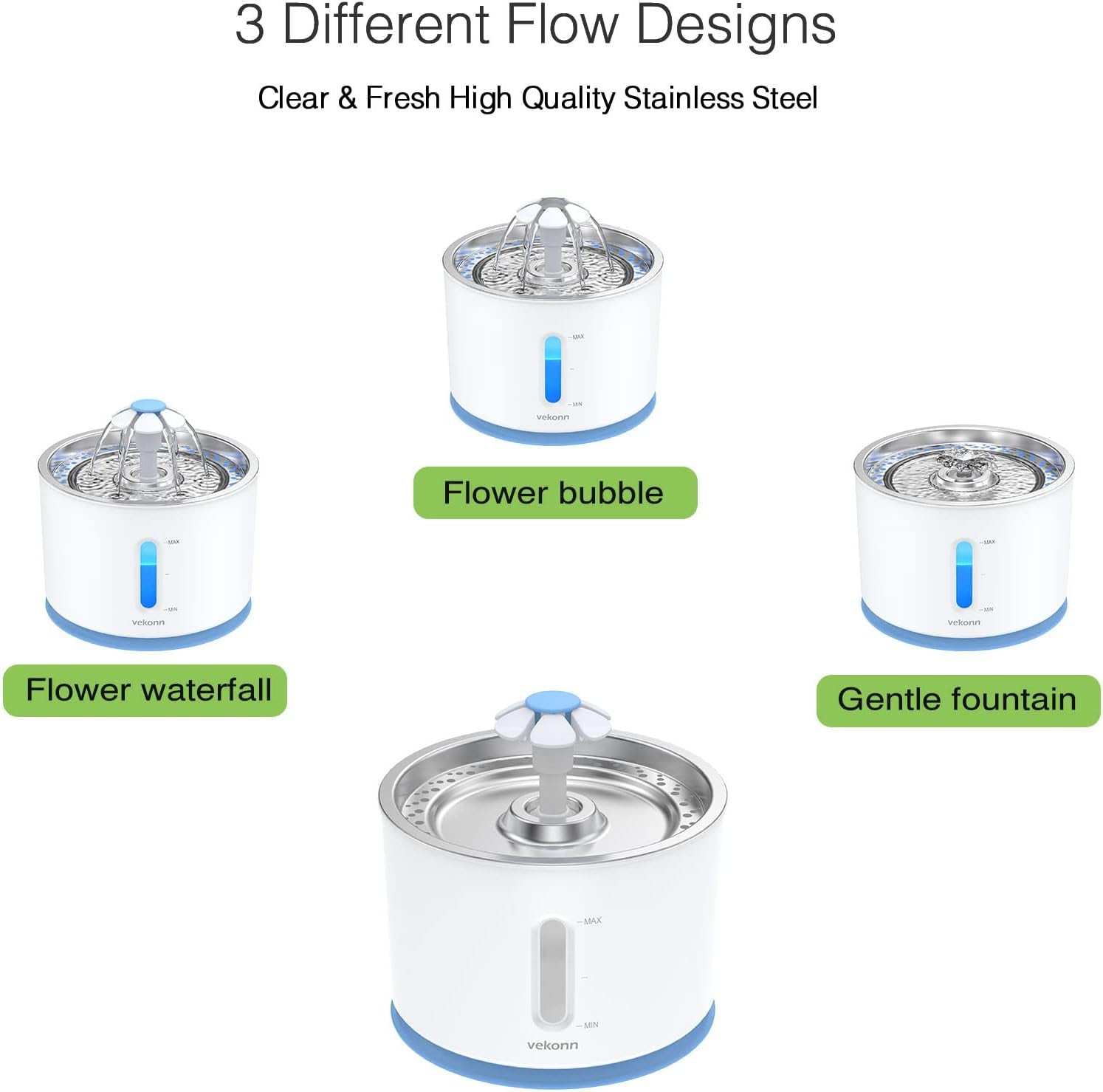 Stainless Steel Cat Water Fountain with LED Light and Water Level Indicator for Small Dogs and Cats (Blue)