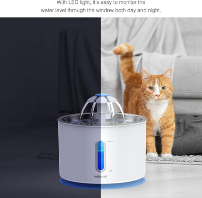 Stainless Steel Cat Water Fountain with LED Light and Water Level Indicator for Small Dogs and Cats (Blue)
