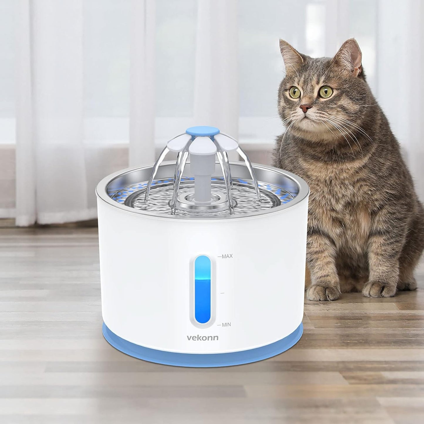 Stainless Steel Cat Water Fountain with LED Light and Water Level Indicator for Small Dogs and Cats (Blue)