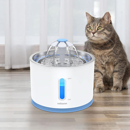 Stainless Steel Cat Water Fountain with LED Light and Water Level Indicator for Small Dogs and Cats (Blue)