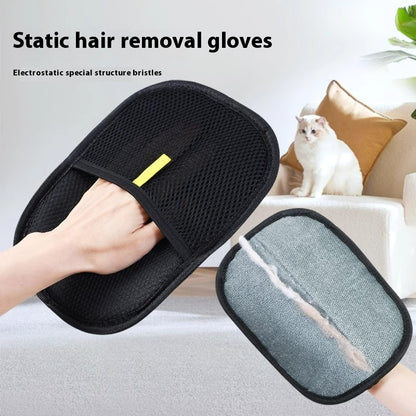 Black static hair removal gloves with a cat in the background